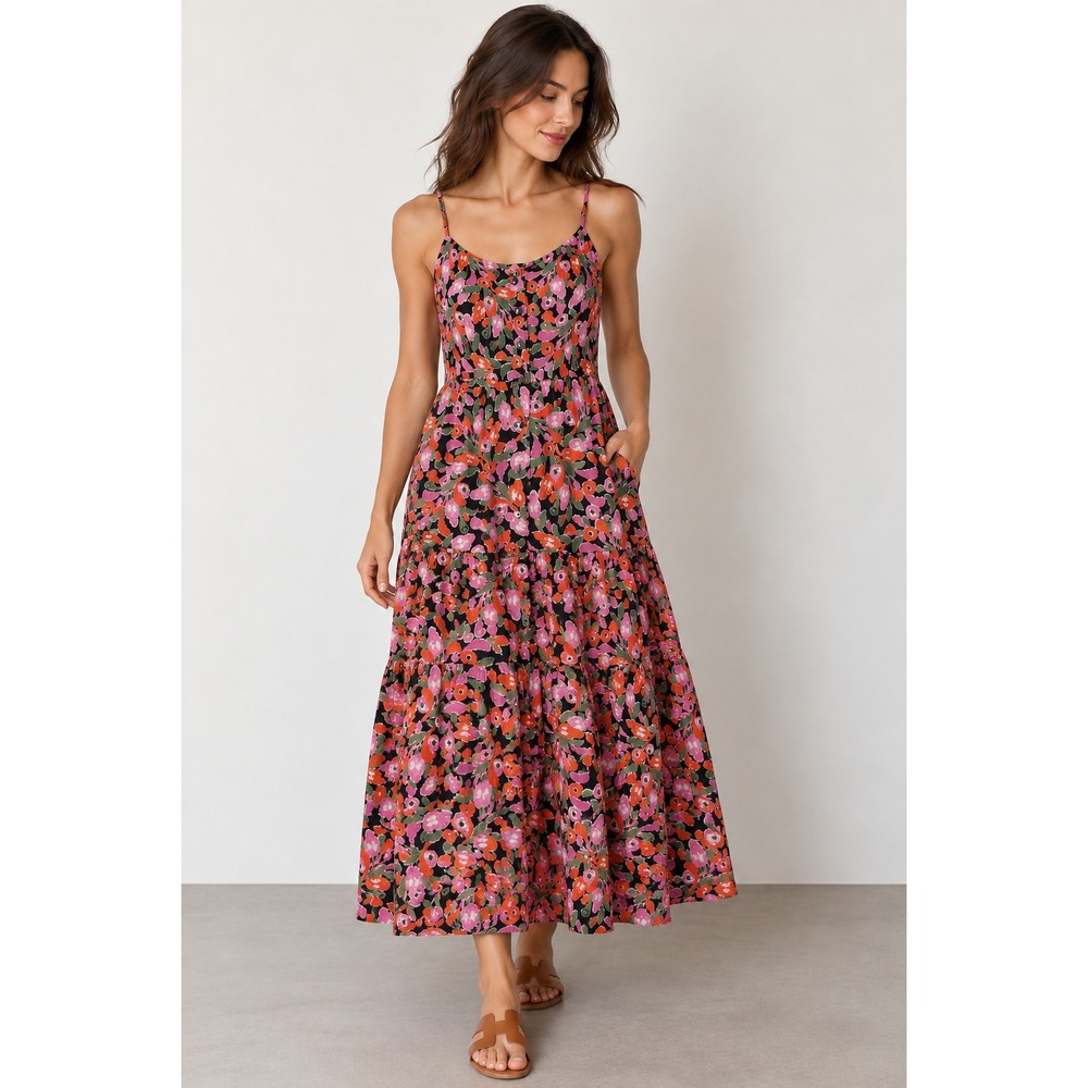 Banjanan Floral Cotton Tiered Maxi Dress Small Button Front Pockets